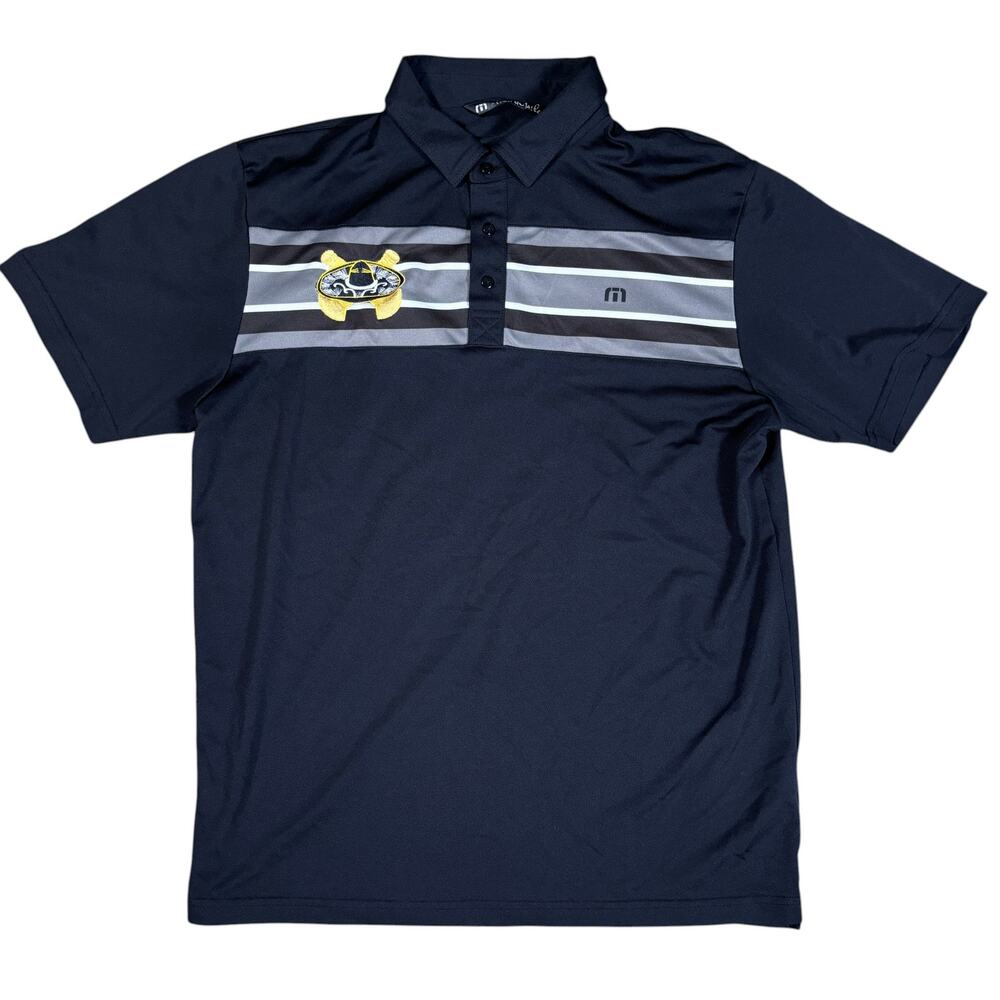 Travis Mathew Polo Shirt Men's Large Black Golf Performance Logo striped